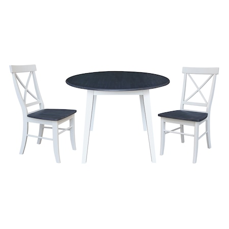 International Concepts 42 in. Solid Wood Round Dual Drop Leaf Dining Table with 2 Chairs in White/Heather Gray K05-42DL-C613-2